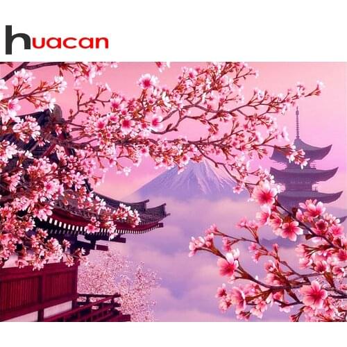 Huacan Diamond Painting Cherry Blossom 5D Diy Diamond Embroidery Mosaic Mount Fuji Landscape Handcraft