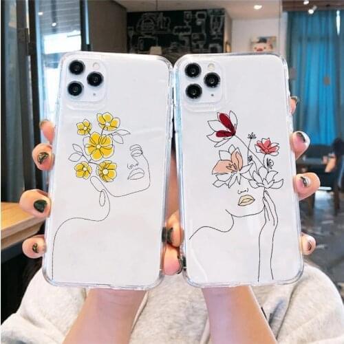 Abstract Art Human Fac Line Flower Couple Phone Case For iphone 12 11 13 Pro Max Mini X XR XSMax 6 7 8 Plus Silicone Cover Coque