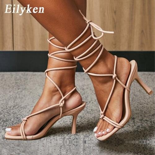 Eilyken New Fashion V-neck Design Sandals Womens Summer Square Toe Stiletto Heels Ankle Lace Up Ladies Party Dress Shoes Size42