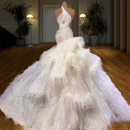 Lowime Feathers Luxury Dubai Evening Dresses Mermaid Tiered Pearls Couture Long Party Gowns 2021 Ivory Prom Dress Plus Size Gown