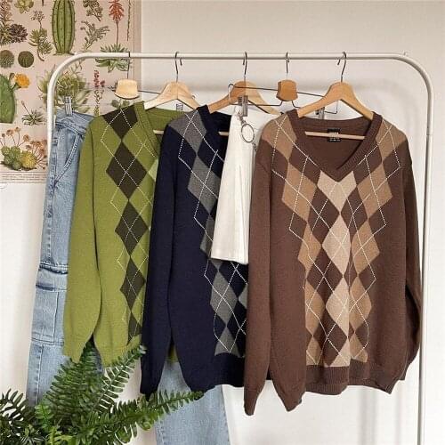 Fashion Autumn Women Y2K Pullover Plaid Sweater Long Sleeve Preppy Oversized Knitwear Vintage Casual Tops Outwear Clothes