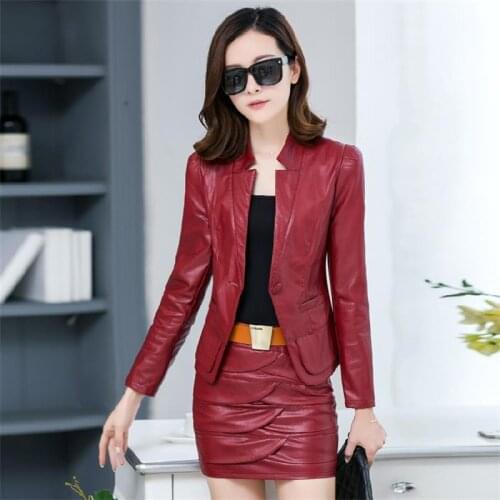 Spring new Korean female short paragraph Slim leather jacket womens PU leather jacket Womens skirt TB141