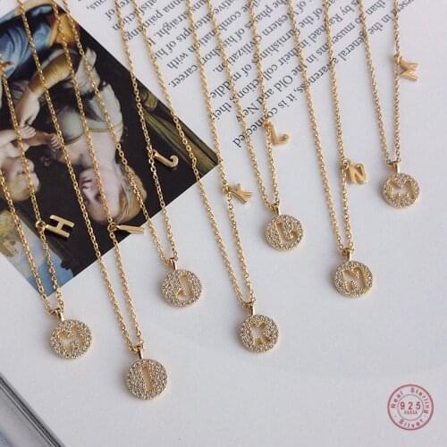 OBEAR 26 Letter Pendants Necklaces 100% 925 Sterling Silver Bohemian Champagne Gold Micro Zircon Necklaces for Women