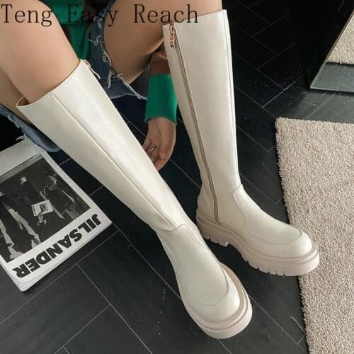 Luxury brand solid beige black punk riding boots womens winter shoes chunky heels platform knee high woman boots big size 42 43