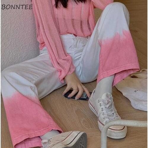 Pink Jeans Women Panelled Gradient Color Korean Style Chic Trendy Popular Tender Loose Leisure Streetwear College Female Bottom