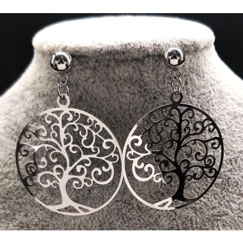 Fashion Stainless Steel Silver Color Earings for Women Tree of Life Stud Earings Fashion Jewelry boucles d'oreilles E1509S02