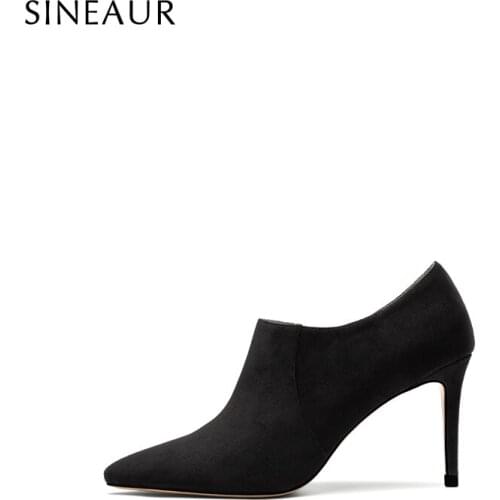 SINEAUR Fall 2021 Womens Super High Heels Mid Boots Slip-on Pointed Toe Suede Stilettos Shoes Short Ankle Booties Plus Size 45