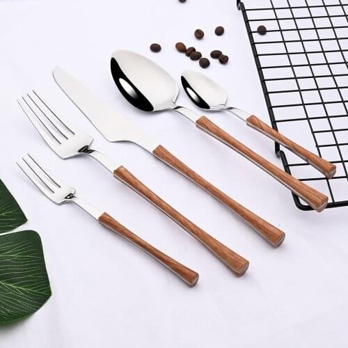 Western Dinnerware Set Wood Handle Stainless Steel 1/4/5 Pcs Steak Tableware Home Knife Fork Spoon Tea Fork Flatware Cutlery Set