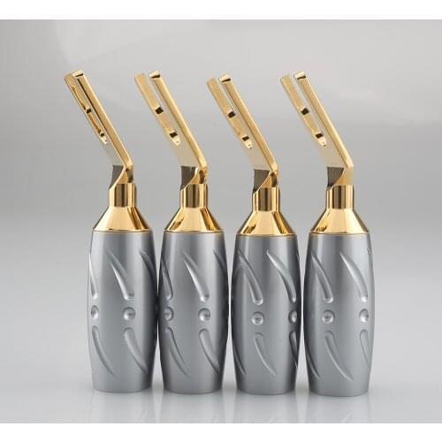 4PCS Viborg VS701G High Performance Pure Red Copper Spade Plug Gold Plated Spade Fork Banana Plug Screw Locking Banana Connector