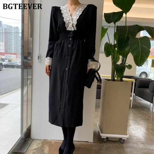 BGTEEVER Vintage V-neck Patchwork Lace Single-breasted Female Dress High Stretch Waist Women Dress Spring Elegant Vestidos 2020