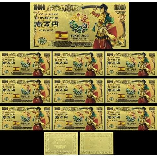 Japan Gold Banknote Tokyo World Flags Comics Cartoon Card 10pc/s Spain Souvenir Anime Gold Plastic Cards for Collection