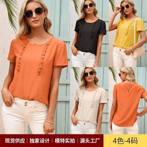 Summer New European and American Womens Clothing Stitching Wooden Ear Lacework round-Neck Short Sleeve Lining Top