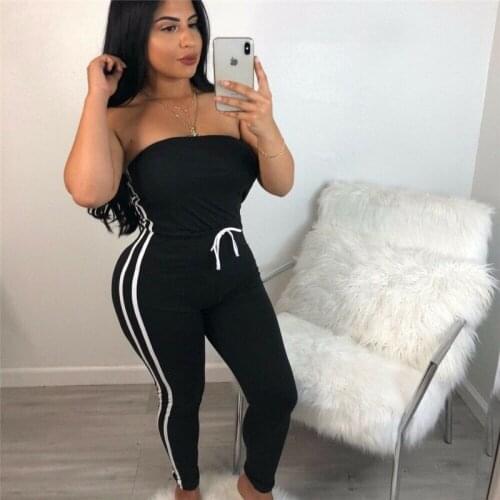 Women Off Shoulder Jumpsuits Summer 2020 Hot Rmpers Ladies Lace Up Side Stripe Bodycon Elastic Romper Casual Bodysuits
