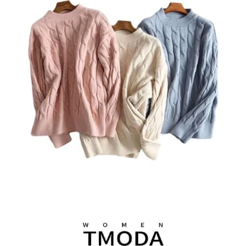 TMODA Za Autumn Winter Women Cotton Knitted Sweaters Pullovers Loose Casual Solid Color O-Neck Knitted Wool Thicking Sweater