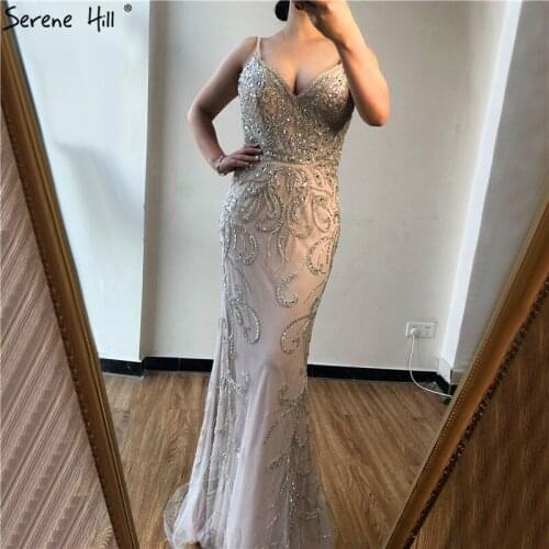 Dubai White Nude V-Neck Sexy Prom Dresses 2020 Sleeveless Mermaid Diamond Beading Prom Gowns Real Photo BLA70175