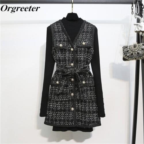 Tweed Tank Dress Two Piece Set Women Fall Winter Small fragrant Style Plaid Buttoned Sashes Woolen Dress Sweater Retro 2 PCS Set