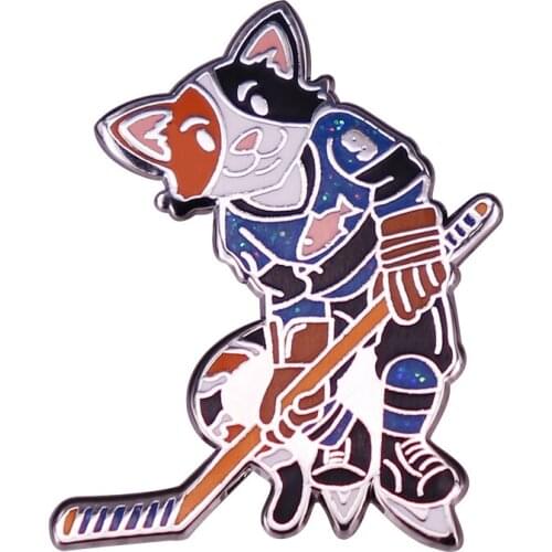 A Cute Kitty Playing Hockey Badge Blue Glitter Lapel Pin Perfect Gift for Cat and Sports Lover