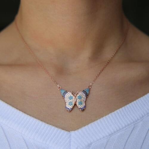 100% 925 sterling silver mix color colorful beautiful butterfly charm pendant yellow blue white summer cute silver necklace