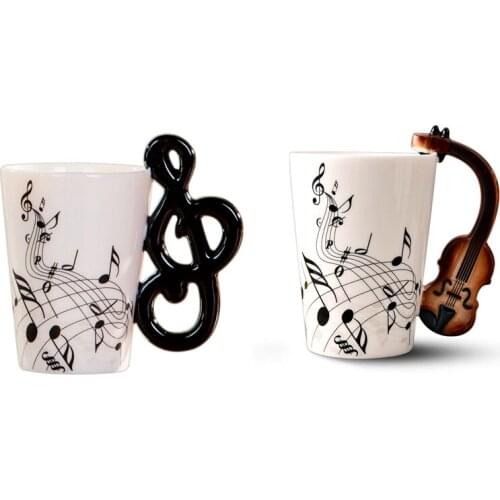 2pcs Ceramic Cup Personality Mug Unique Musical Instrument Gift Cup - Violin handle & Note handle
