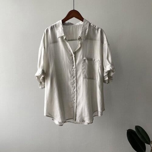 2021 Minimalist Loose White Shirts for Women POLO Collar thin Solid Female Shirts Tops Spring Summer white Chiffon Blouses