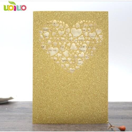 50pc elegant marriage gold glitter top pocket laser cut loving heart Wedding Invitations card Event & Party Supplies