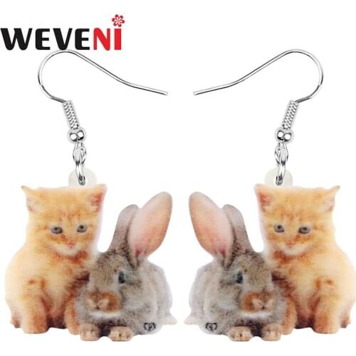 WEVENI Acrylic Easter Brown Hare Rabbit Bunny Cat Earrings Animal Dangle Drop Jewelry For Women Girls Festival Gift Decoration