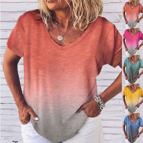 S-5XL camiseta holgada mujer Womens Casual V-Neck Fading Color T-shirt Short Sleeve Blouse Tops Plus Size Gradient contrast F4