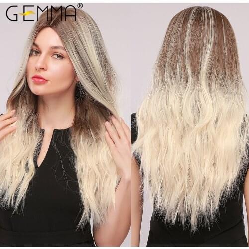 GEMMA Long Wavy Synthetic Wig Ombre Brown Blonde Highlight Wigs for Black Women Middle Part Cosplay Hair High Temperature Fiber
