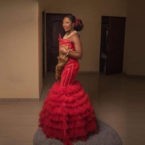 Aso Ebi Elegant Sequine Mermaid Prom Dresses Plus Size Ruffles Tiered Tulle Long Evening Dress Custom Made Formal Party Gown