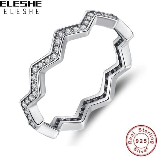 ELESHE Pure 100% 925 Sterling Silver Shimmering Zig Zag Crystal CZ Ring for Women Fashion Wave Shape Finger Ring Jewelry Gift
