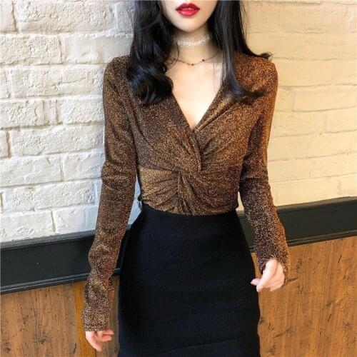 LIBERJOG Women T-Shirts Sexy Stretch Slim Long Sleeve Chic Retro Cross V-neck Tshirt Temperament Bottoming Tops Silver Golden