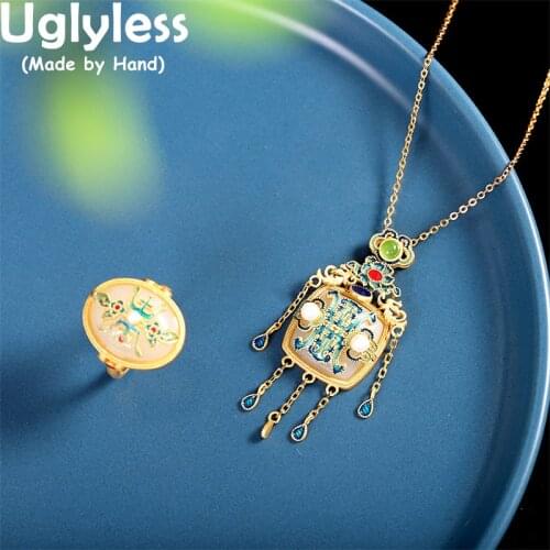 Uglyless Luxury Palace Designer Natural Jade Big Gemstones Rings for Women Agate Pearls Fashion Dress Jewelry 925 Silver Rings