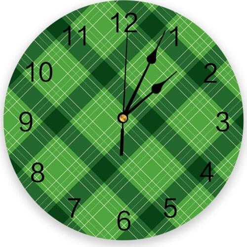 St. PatrickS Day Green Plaid Round Wall Clock Creative Home Decor Living Room Quartz Needle Wall Clocks Hanging Watch