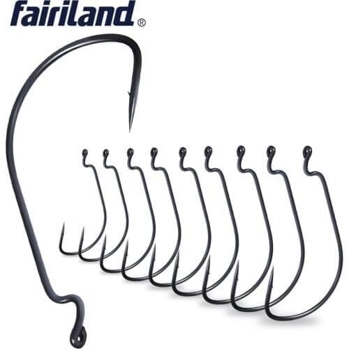 Fairiland Wide Gap Worm Fishing Hooks 10pcs High Carbon Steel Jig Crank Big Bass Offset Hook Barbed Hook for Soft Fishing Lure