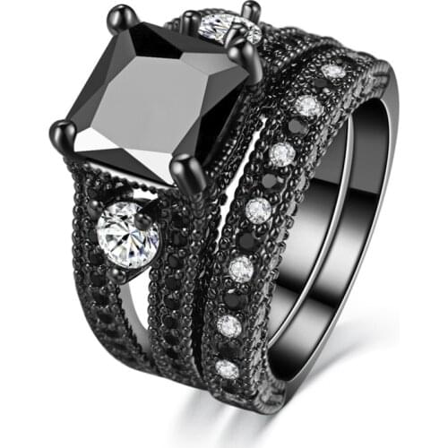 2pcs/set Fashion Female Black zircon Stone Ring 18KT Black Gold Color Rings Gorgeous Wedding Bands For Women Engagement Jewelry