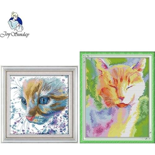 Joy Sunday Watercolor cat in the sun DIY cross stitch kits embroidery needlework sets 14ct patterns printed on canvas handmade