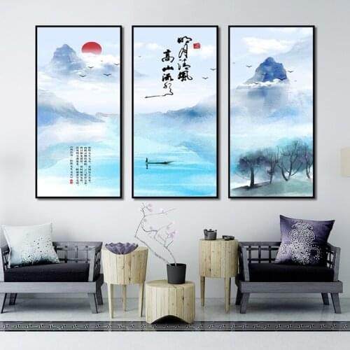 Chinese Style Wall Art Poster Printing Canvas Painting Minimalist Landscape Picture Home Decoration Mural Three-Piece Frameless