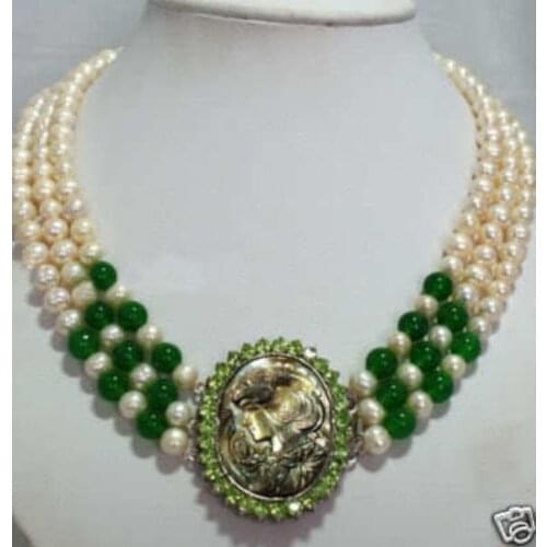 Natural 3 row white Akoya pearl & green jadeite necklace >>Wholesale Free Shipping