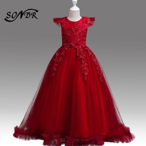 Solid Kids Party Dresses For Wedding HT216 Appliques Crystal Girls Pageant Gowns O-Neck Short Sleeve Formal Flower Girl Dress