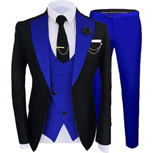 Formal Mens Suits Wedding Groom Attire Tuxedos Royal Blue Peaked Laple Black Jacket+Vest+Pants Slim Fit Blazers Wear Custom Made