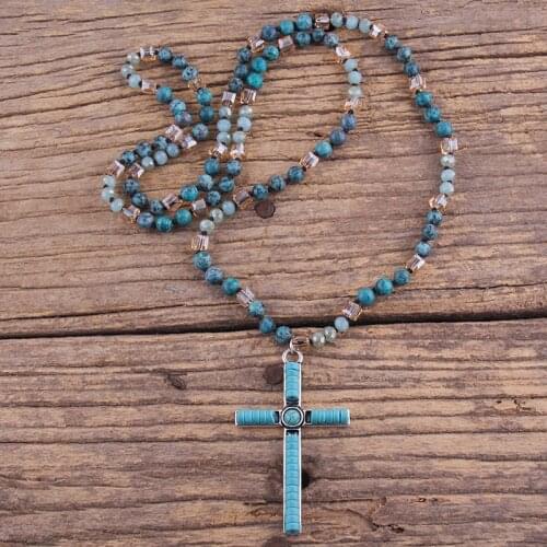 RH Fashion Bohemian Jewelry Accessory 6mm Multi Natural Stones /Crystal Knotted Blue Cross Necklace Women Boho Gift Dropship