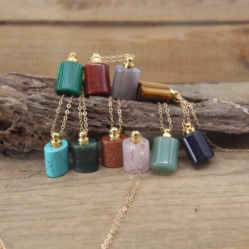 Natural Stone Essential Oil Vial Pendant Chains Howlite/Aventurine/Agates/Goldstone Perfume Bottle Charm Necklace Jewelry QC1011