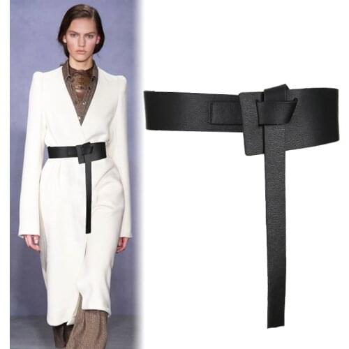 New Design Women Knotted Waistbands wide long PU leather Fashion Woman cummerbunds Dress Decorate brown Leather bow Buckle Gifts