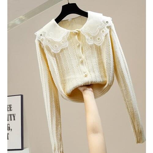 Sweet Doll Collar Pearl Single-Breasted Knitted Cardigan Womens 2020 New Style Slim Cropped Sweater Students Jumper Pull