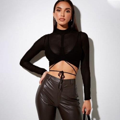 Y2k grunge Womens solid color high round neck long sleeve mesh perspective sexy bandage pleated Fashion Top crop top women