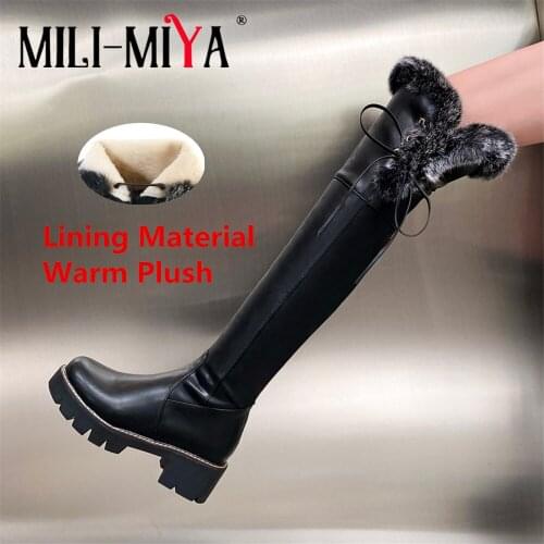 MILI-MIYA Warm Plush Women Pu Leather Snow Boots Over-The-Knee Solid Color Round Toe Square Heels Waterproof Plus Size 34-43