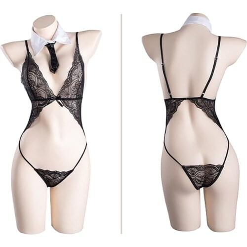 Womens Erotic Lingerie Sexy Lace Bodysuit Bag Hip Patent Leather Short Skirt Secretary Uniform Temptation Suit Kawaii Underwear