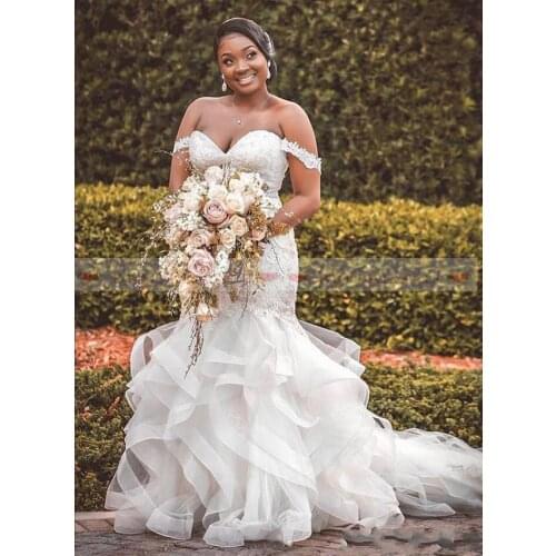 Off Shoulder Lace Mermaid Wedding Dresses Plus Size Lace Up Back Sweetheart African Tulle Bridal Gowns for Women