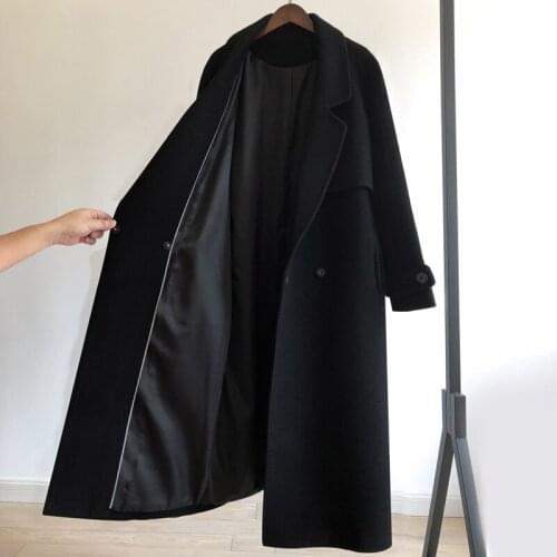 2019 black over the knee long section high quality woolen coat loose tie womens Hepburn wind woolen coat