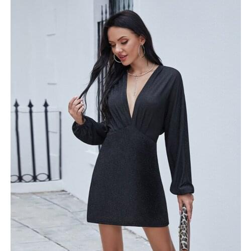 Womans Sexy Party Dress Deep V-neck Spring Autumn Long Sleeve High Waist Nightclub Dresses for Women TLM026